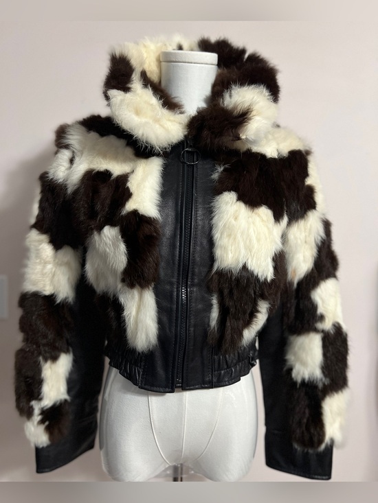 Jonathan Legault Jackets & Blazers - Jonathan Legault Black Leather Jacket with Black & Cream Faux Fur Patchwork